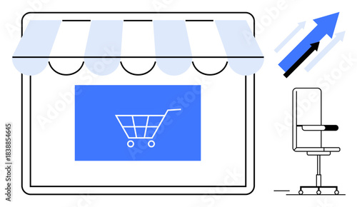 E-commerce, online shopping, business growth, retail marketing, digital stores, sales increase. Storefront with shopping cart icon, arrows growth and a chair. E-commerce and business growth concept