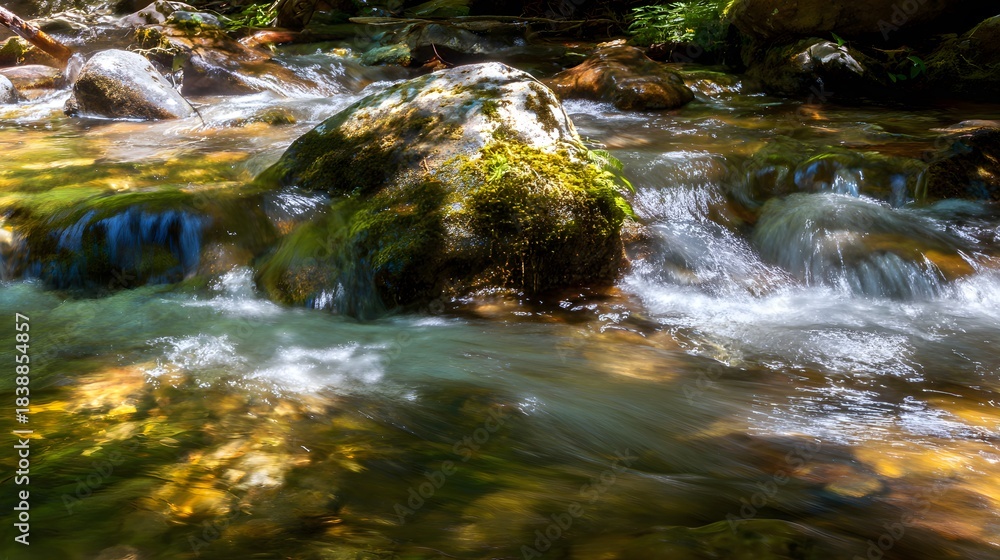 Naklejka premium Forest stream water flowing around a mossy rock, creating whirlpools in sunlight.