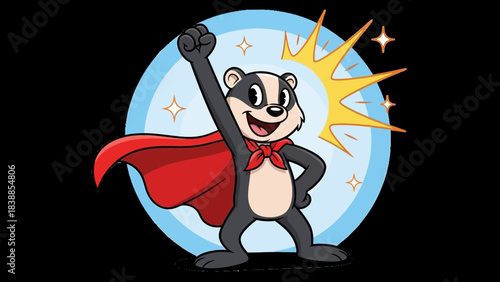 Superhero badger with red cape and bow tie standing heroically with fist raised cartoon illustration