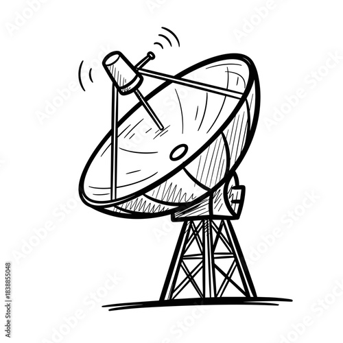 Hand-drawn satellite dish broadcasting signals on metal tower  