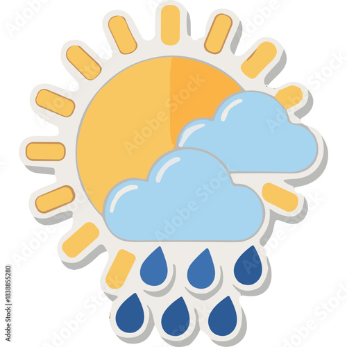 Stylized Sun and Rain Clouds Illustration with Water Drops Showing Partly Cloudy Weather Conditions Against Black Background