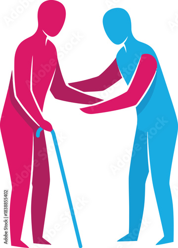 Vibrant pink and blue stylized figures depicting a caregiver assisting an elderly person with a walking cane.