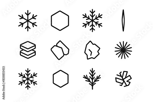 Frozen Crystal Icons. Frozen crystal structures. Line outline icon set of Frozen crystal structures: star