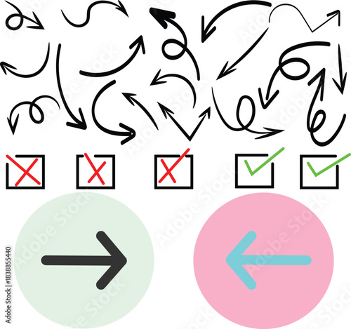 Collection of hand drawn arrows check marks and directional icons for navigation and selection.