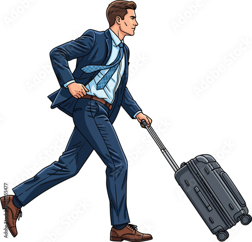 Young businessman in a dark blue suit running urgently while pulling a black trolley bag.