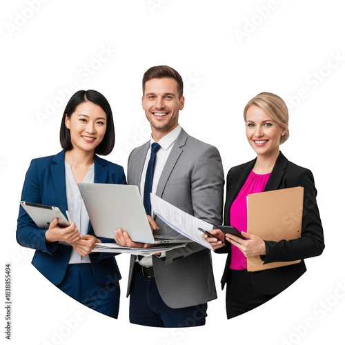 Three business professionals holding office supplies and technology against a black background together.