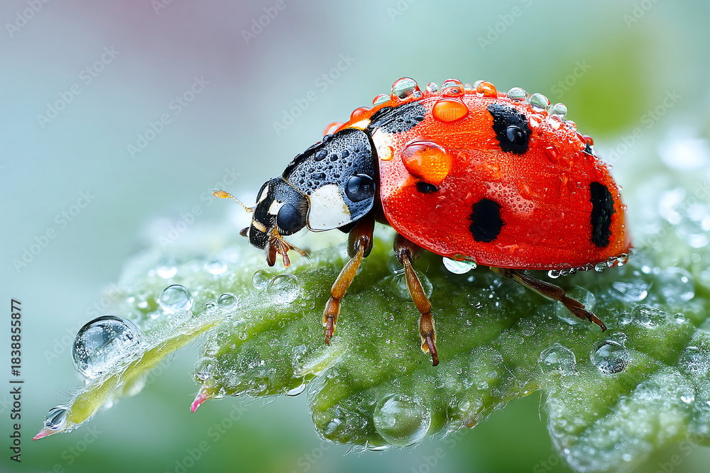 Obraz premium Bright red ladybug resting on a dewy green leaf in the early morning Generative AI