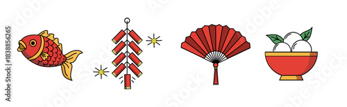 chinese new year decoration, in the form of bowls, fish, fans and firecrackers, all in shades of red typical of lunar new year 