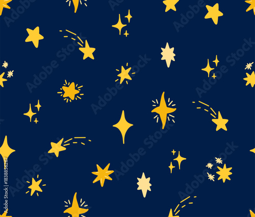 Seamless pattern with drawn stars in doodle style on a dark blue background, night starry sky pattern.