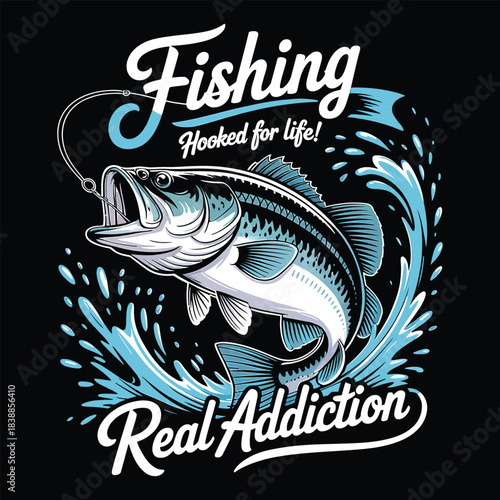 Fishing Real Addiction Sport Fish Bass Jumping Vector Illustration
