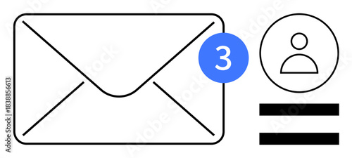 Envelope with blue notification badge showing three unread messages next to a user profile icon and lines. Ideal for communication, message, email, notification, inbox, alert, digital interaction. A