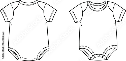 Front and back outline illustrations of baby bodysuit templates, perfect for apparel design, mockups, sewing patterns, customization, and infant clothing projects.