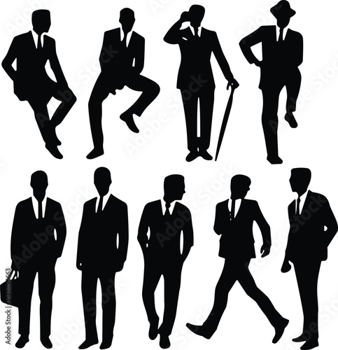 Silhouettes of professional businessmen in various standing, walking, and posing positions, representing corporate style, leadership, confidence, and modern office professionalism.