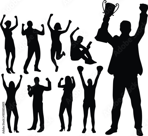 Silhouettes of celebrating people raising arms and holding a trophy, symbolizing victory, achievement, success, motivation, teamwork, and triumphant moments.