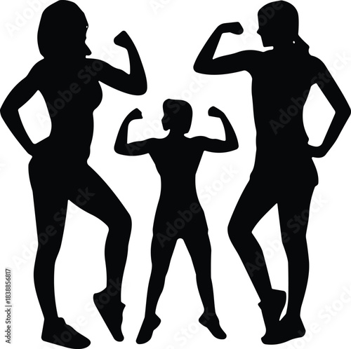 Silhouettes of strong individuals flexing muscles, symbolizing fitness, confidence, family strength, empowerment, healthy lifestyle, and active athletic body positivity.
