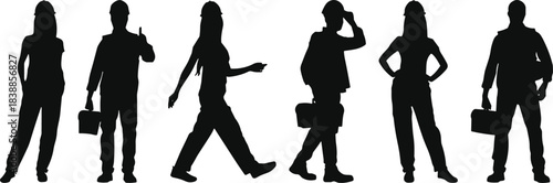 Silhouettes of construction workers in various poses wearing hard hats and carrying tools, symbolizing labor, industry, teamwork, safety, and skilled professions.