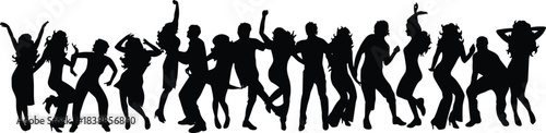 Silhouettes of people dancing energetically in various poses, expressing joy, celebration, party atmosphere, movement, rhythm, and vibrant social nightlife scenes.
