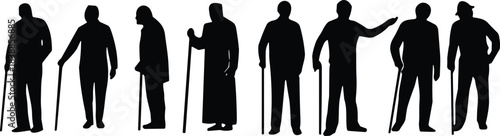 Silhouettes of elderly people standing with walking canes, illustrating aging, mobility support, senior lifestyle, health care, independence, and age-related assistance.