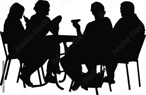 Silhouettes of people sitting together at a table eating and talking, representing social dining, communication, community gatherings, and shared mealtime moments.