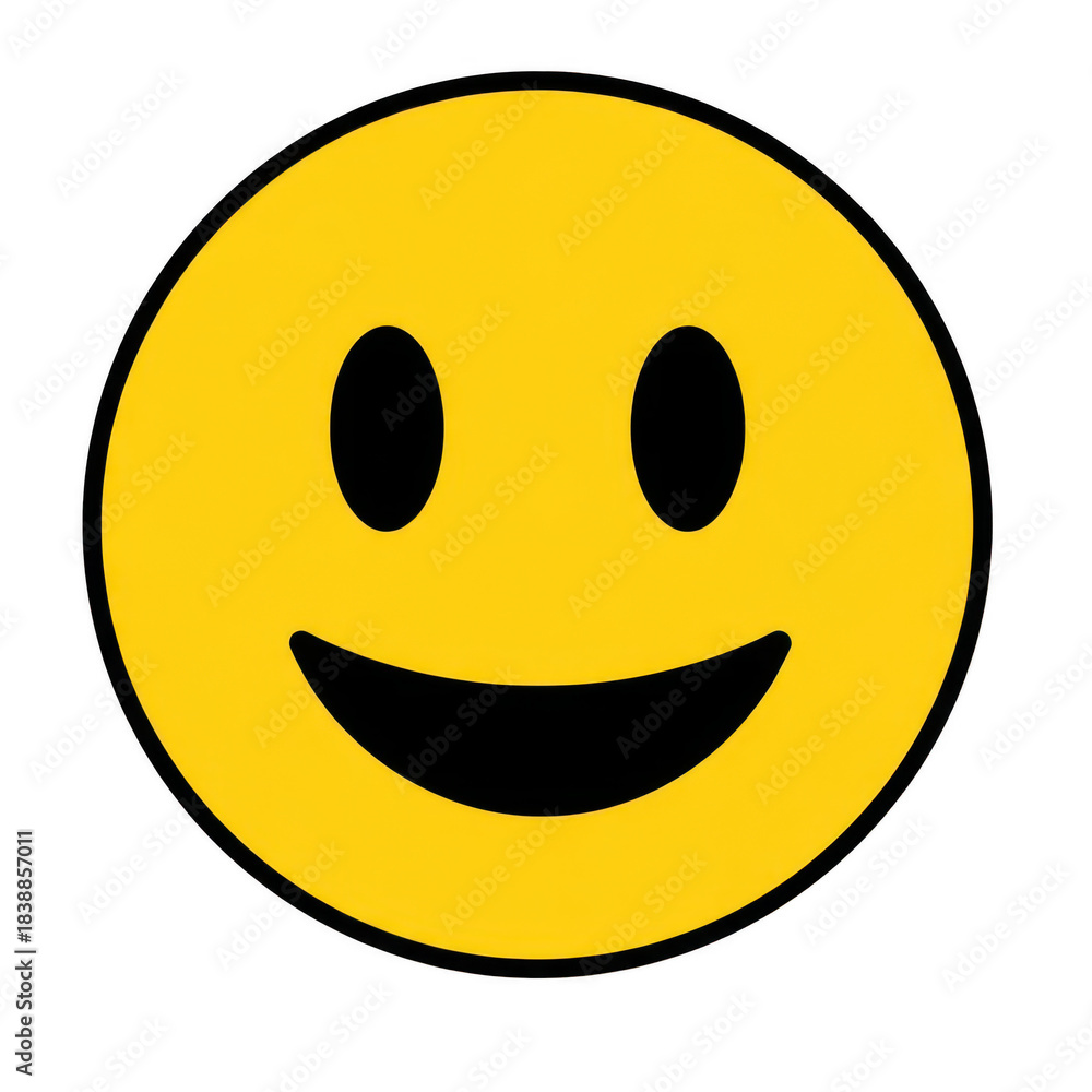 Fototapeta premium Smiling yellow emoticon face with black background and curved mouth expression