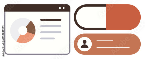 Dashboard with a pie chart and text lines, a capsule graphic, and a profile icon with text. Ideal for analytics, technology, user interface, medical design, statistics, project management corporate
