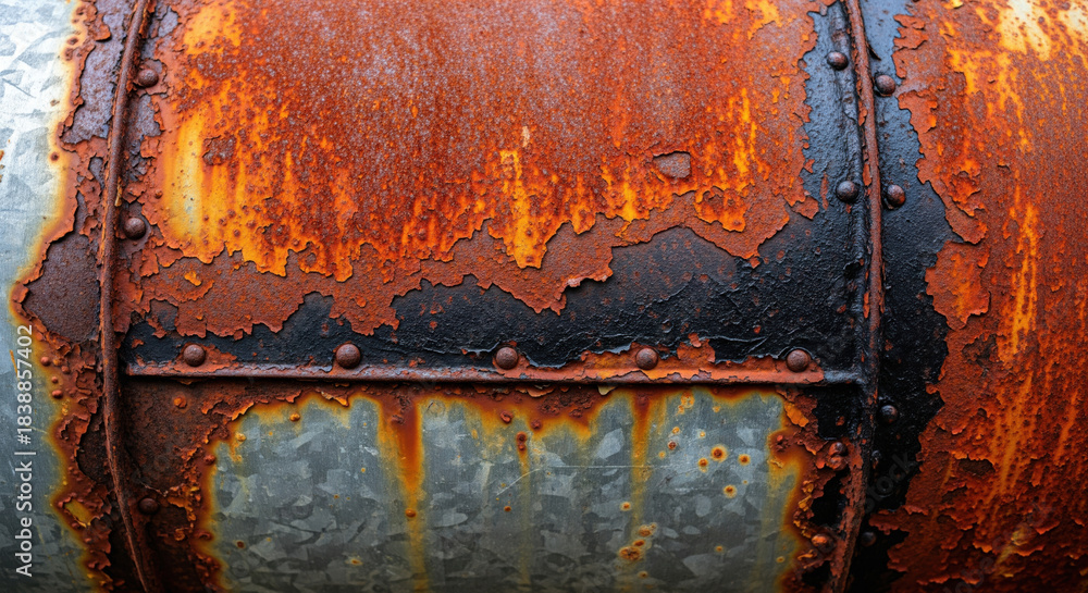 Naklejka premium Close up of heavily rusted metal surface with streaks of orange and brown showing signs of decay and age