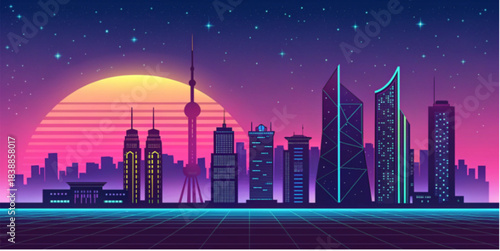 night city skyline with moon