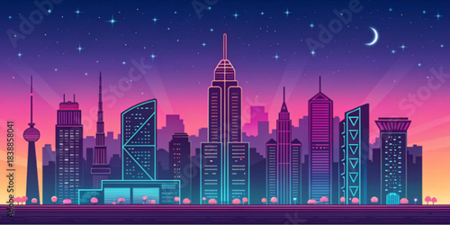 night city skyline with moon