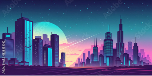 night city skyline with moon