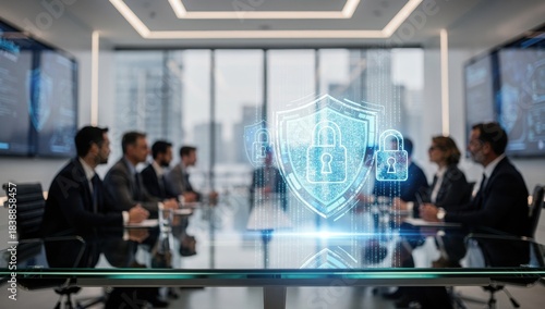 A group of business professionals in a modern office discussing cybersecurity strategies, with digital shields and locks floating in the air.