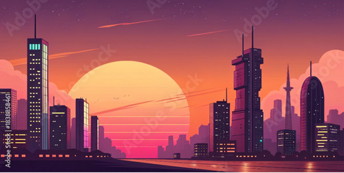 city skyline at sunset