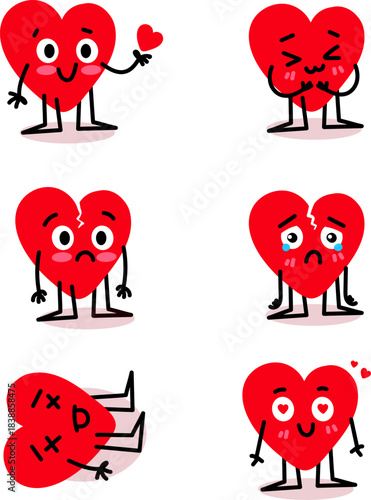 Cute cartoon character with hearts showing various emotions. Heartbroken, falling in love, shy, crying. Vector.