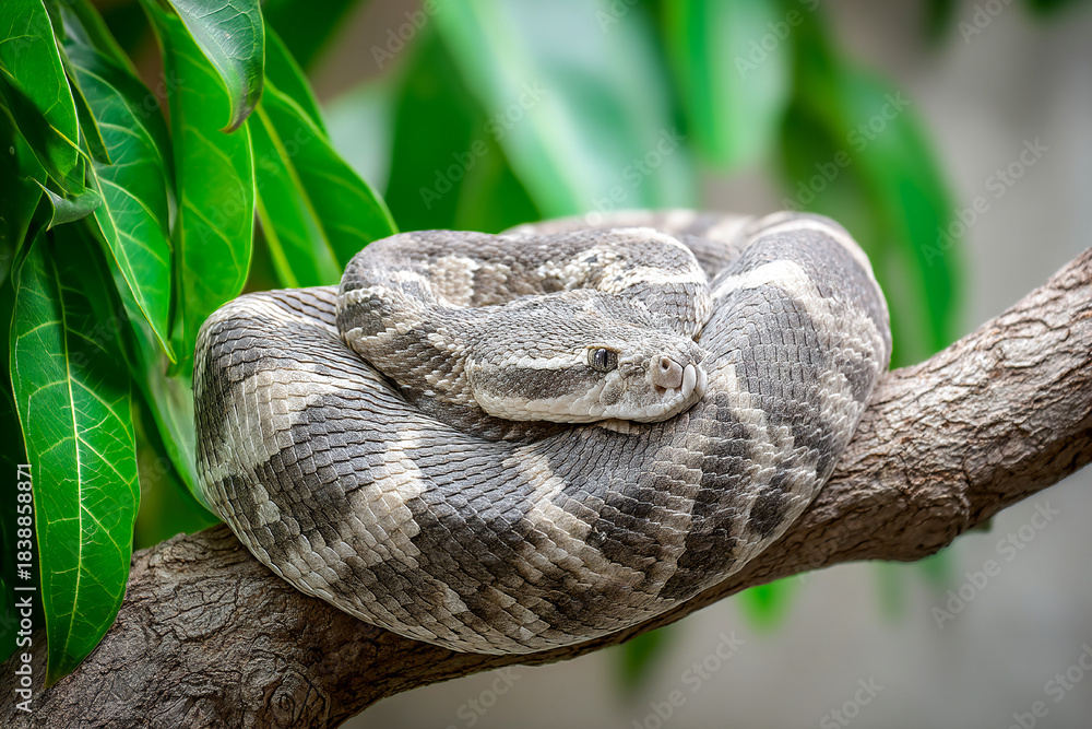 Obraz premium Coiled snake resting on a branch in a vibrant jungle setting Generative AI