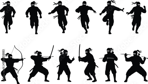 Ninja silhouette collection, martial arts poses, combat weapons, stealth warriors, dynamic action, traditional attire, vector illustration, black graphic design