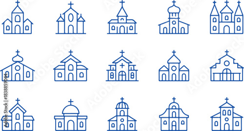 A collection of various blue line art church icons on white background