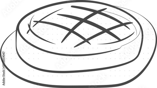 Melonpan bread line drawing, black and white vector illustration, Japanese pastry sketch, bakery food design template, sweet bun coloring page art