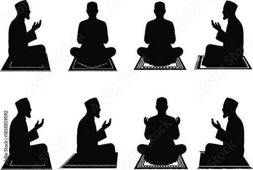 Silhouette of people praying, Islamic meditation pose, spiritual devotion, black figures on prayer mats, religious worship, peaceful posture, symmetrical design