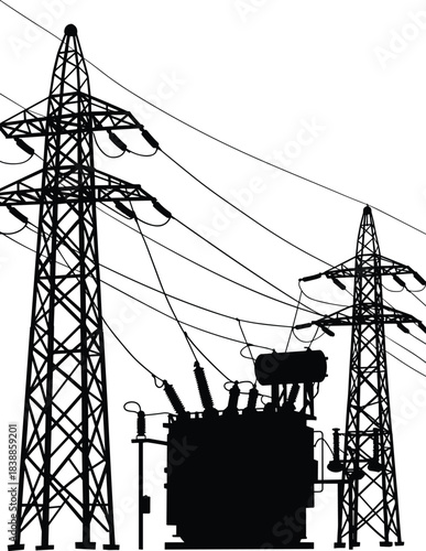 Silhouette of transmission towers, electrical transformer, high-voltage power lines, steel lattice structure, energy infrastructure, voltage distribution, industrial grid system
