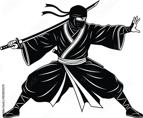 Ninja illustration, samurai warrior art, martial arts pose, katana sword drawing, Japanese fighter silhouette, traditional combat stance, stealth artwork