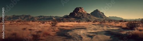 Golden desert light bathes a vast, arid landscape with distant rocky peaks. Sparse brush and cracked earth evoke quiet solitude under an endless sky.