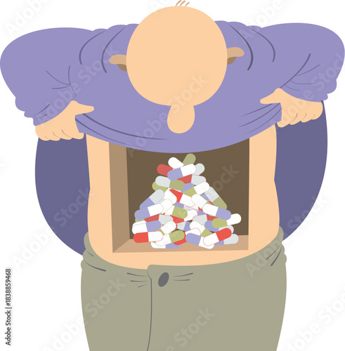 Bald man looks inside his stomach full of pills