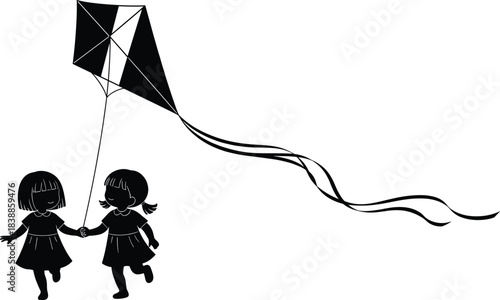 Silhouette of two girls flying kite, childhood fun, summer activity, kids outdoor play, happy children vector design illustration