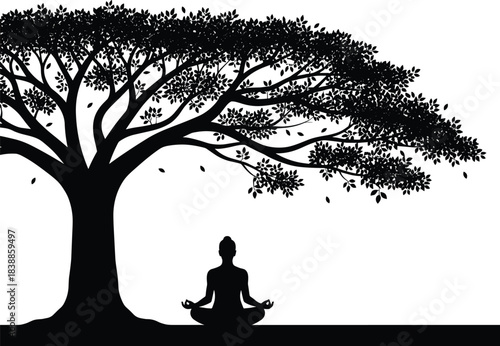 Meditation under tree silhouette, spiritual mindfulness art, black vector illustration, serene posture with mudra, enlightenment symbolism, peaceful composition, Buddhist inspiration