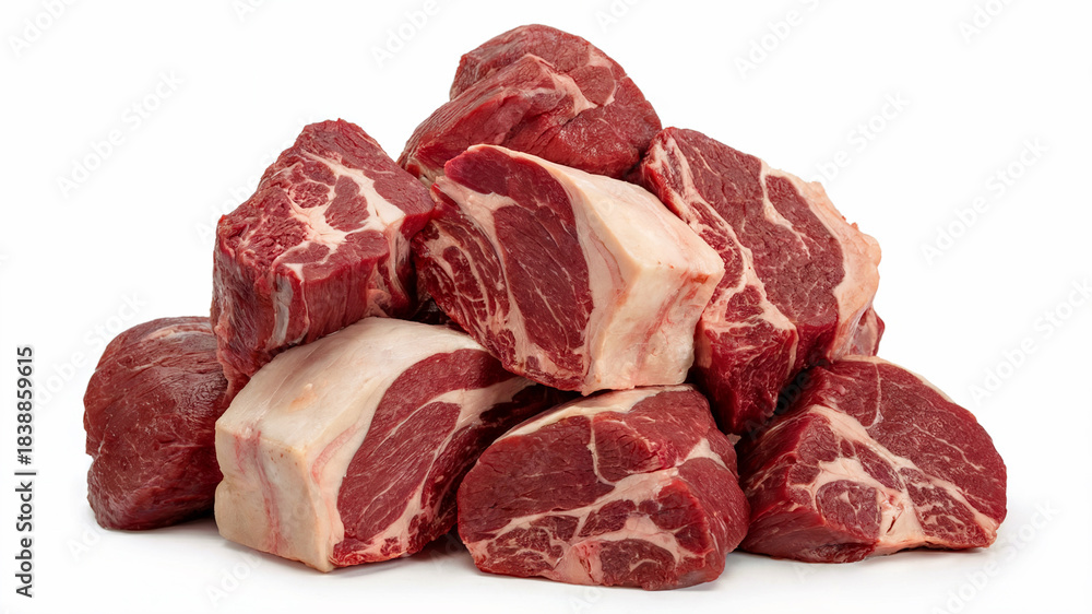 Fototapeta premium Fresh Raw Beef Chunks on White Background