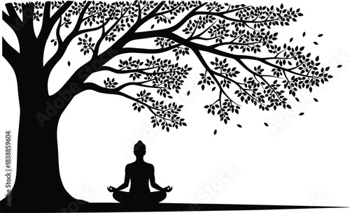 Meditation under tree silhouette, spiritual mindfulness art, black vector illustration, serene composition, enlightenment symbolism, peaceful posture, Buddhist inspiration, nature harmony