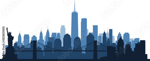 New York City skyline silhouette featuring Statue of Liberty and bridge, modern urban panorama isolated on white background