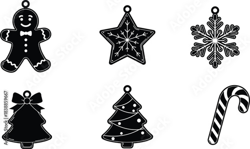 Christmas ornament silhouette set, festive gingerbread and tree icons, holiday candy cane vector, snowflake star design, seasonal decoration graphics