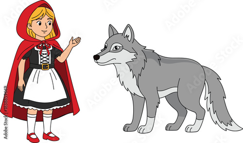 Little Red Riding Hood and wolf, cartoon fairy tale scene, expressive character sketch, storytelling vector, cautionary children’s illustration concept
