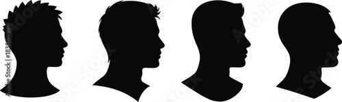 Male head silhouette collection showing different hairstyles and facial outlines in black profile for design, identity and avatar uses, cad drawing flat vector illustration