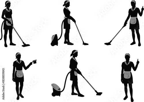 Maid silhouettes in cleaning uniform, vacuuming, pointing, holding spray bottle, canister vacuum, sanitation task, housekeeping posture illustration